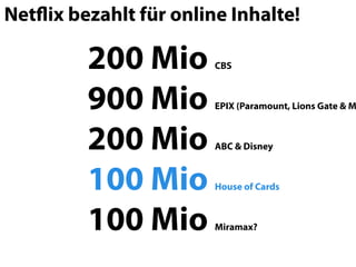 Netﬂix bezahlt für online Inhalte!

         200 Mio        CBS



         900 Mio        EPIX (Paramount, Lions Gate & M



         200 Mio        ABC & Disney



         100 Mio        House of Cards



         100 Mio        Miramax?
 