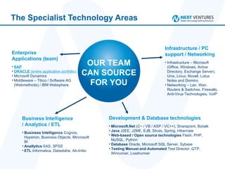 The Specialist Technology Areas Enterprise  Applications (team) SAP ORACLE  (entire application portfolio) Microsoft Dynamics Middleware – Tibco / Software AG (Webmethods) / IBM Websphere Development & Database technologies Microsoft.Net  (C~ / VB / ASP / VC++), Sharepoint, Biztalk Java  J2EE, J2ME, EJB, Struts, Spring, Hibernate Web-based / Open source technologies  Flash, PHP, MySQL, Python Database  Oracle, Microsoft SQL Server, Sybase Testing Manuel and Automated  Test Director, QTP, Winrunner, Loadrunner Business Intelligence  / Analytics / ETL Business Intelligence  Cognos, Hyperion, Business Objects, Mircrosoft BI Anallytics  SAS, SPSS ETL  Informatica, Datastahe, Ab-Initio Infrastructure / PC support / Networking Infrastructure – Microsoft (Office, Windows, Active Directory, Exchange Server), Unix, Linux, Novell, Lotus Notes and Domino Networking – Lan, Wan, Routers & Switches, Firewalls, Anti-Virus Technologies, VoIP OUR TEAM CAN SOURCE FOR YOU 