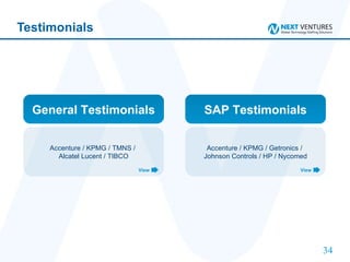 Testimonials Accenture / KPMG / TMNS /  Alcatel Lucent / TIBCO View Accenture / KPMG / Getronics /  Johnson Controls / HP / Nycomed View General Testimonials SAP Testimonials 