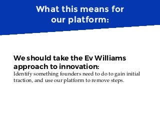 What this means for
our platform:
We should take the Ev Williams
approach to innovation:
Identify something founders need ...