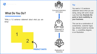 What Do You Do?
Tip:
You want a 1-2 sentence
statement about what you are
doing, along with some visual
cues that help illustrate the
point or lend credibility to
your business.
This can be a combination of
screenshots, customer logos
(eg: already trusted by brands
like…), a workflow diagram,
or an illustration.
1
2
PRODUCT SHOTS
Concrete Explanation
Of Problem
Explanation of
Actions Taken
Explanation of
Outcomes
“Write a 1-2 sentence statement about what you are
doing”
 