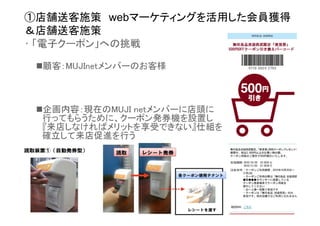 ①店舗送客施策 webマーケティングを活用した会員獲得
＆店舗送客施策
• 「電子クーポン」への挑戦

 顧客：MUJInetメンバーのお客様



 企画内容：現在のMUJI netメンバーに店頭に
  行ってもらうために、クーポン発券機を設置し
  『来店しなければメリットを享受できない』仕組を
  確立して来店促進を行う
 