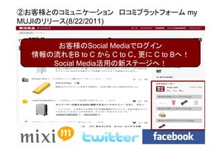 ②お客様とのコミュニケーション 口コミプラットフォーム my
MUJIのリリース(8/22/2011)


      お客様のSocial Mediaでログイン
  情報の流れをB to C から C to C、更に C to Bへ！
     Social Media活用の新ステージへ！
 