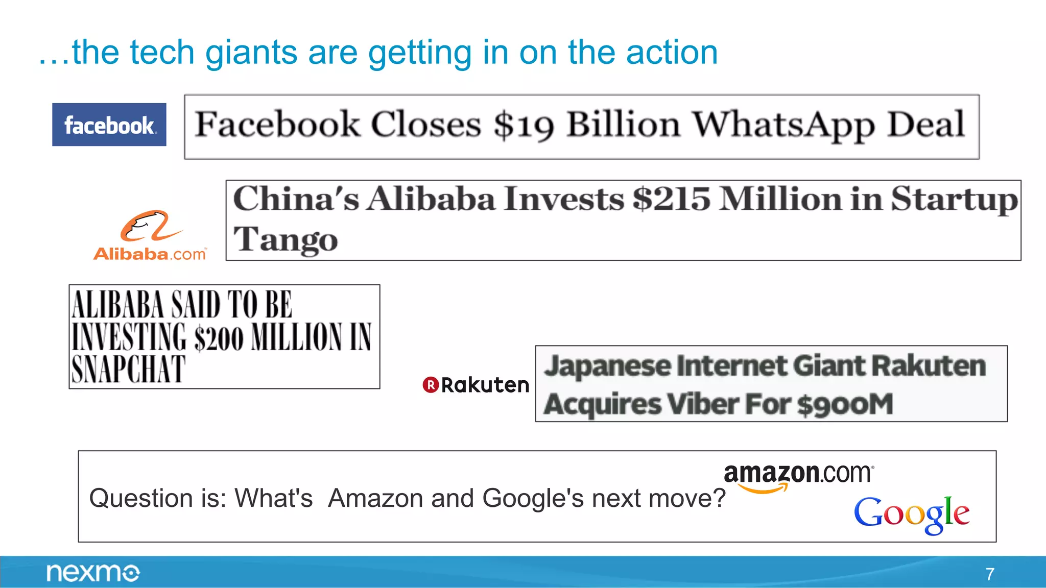 7
…the tech giants are getting in on the action
Question is: What's Amazon and Google's next move?
 