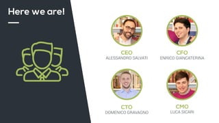Here we are!
CEO
AlessAndro sAlvAti
CFO
enrico GiAncAterinA
CMO
lUcA sicAri
CTO
domenico GrAvAGno
 
