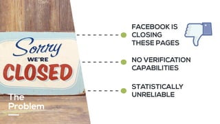 STATISTICALLY
UNRELIABLE
NO VERIFICATION
CAPABILITIES
FACEBOOK IS
CLOSING
THESE PAGES
The
Problem
 