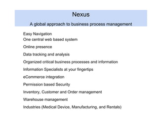 Nexus
A global approach to business process management
Easy Navigation
One central web based system
Online presence
Data tracking and analysis
Organized critical business processes and information
Information Specialists at your fingertips
eCommerce integration
Permission based Security
Inventory, Customer and Order management
Warehouse management
Industries (Medical Device, Manufacturing, and Rentals)
 