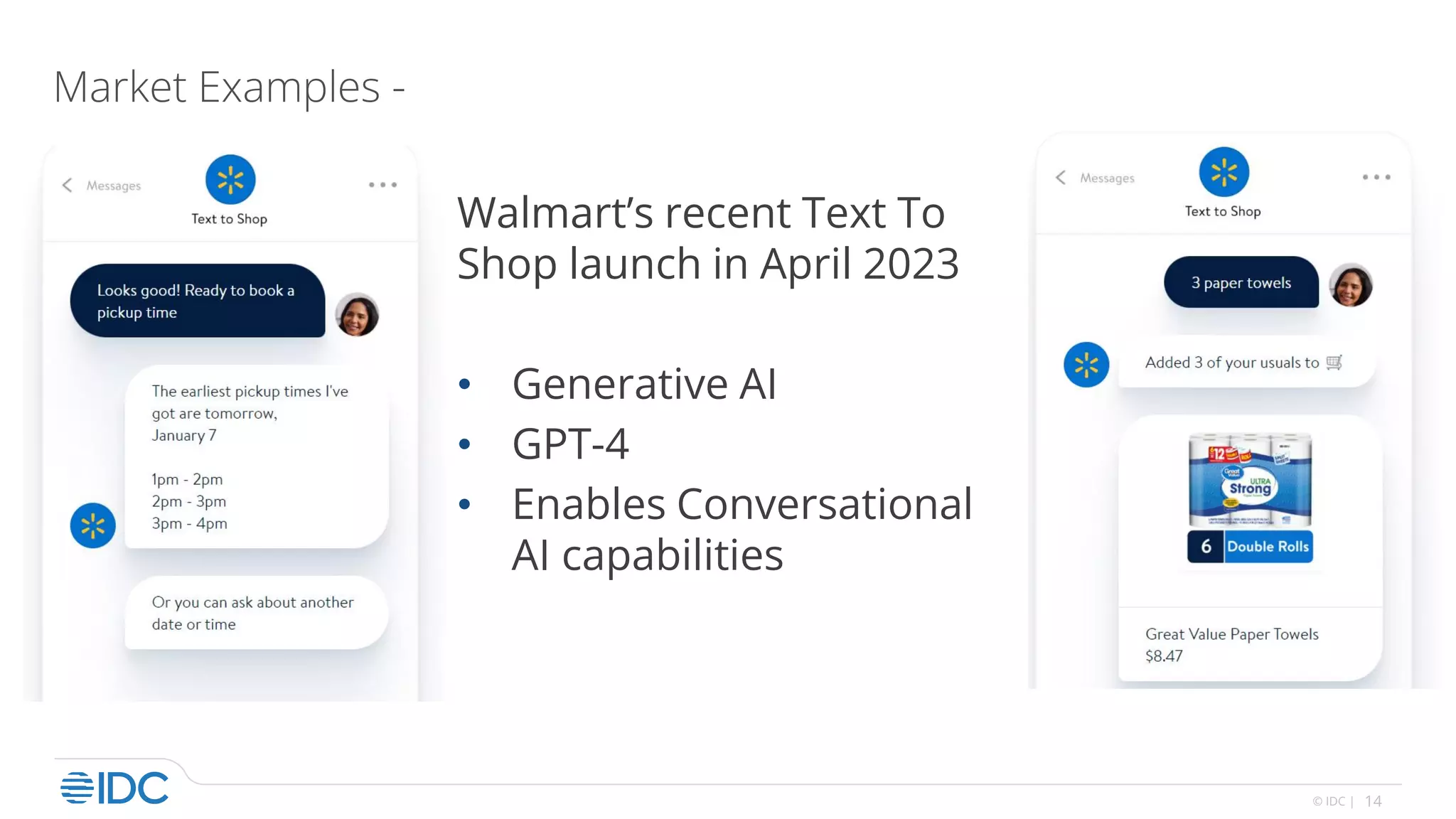 14
© IDC |
Market Examples -
Walmart’s recent Text To
Shop launch in April 2023
• Generative AI
• GPT-4
• Enables Conversational
AI capabilities
 