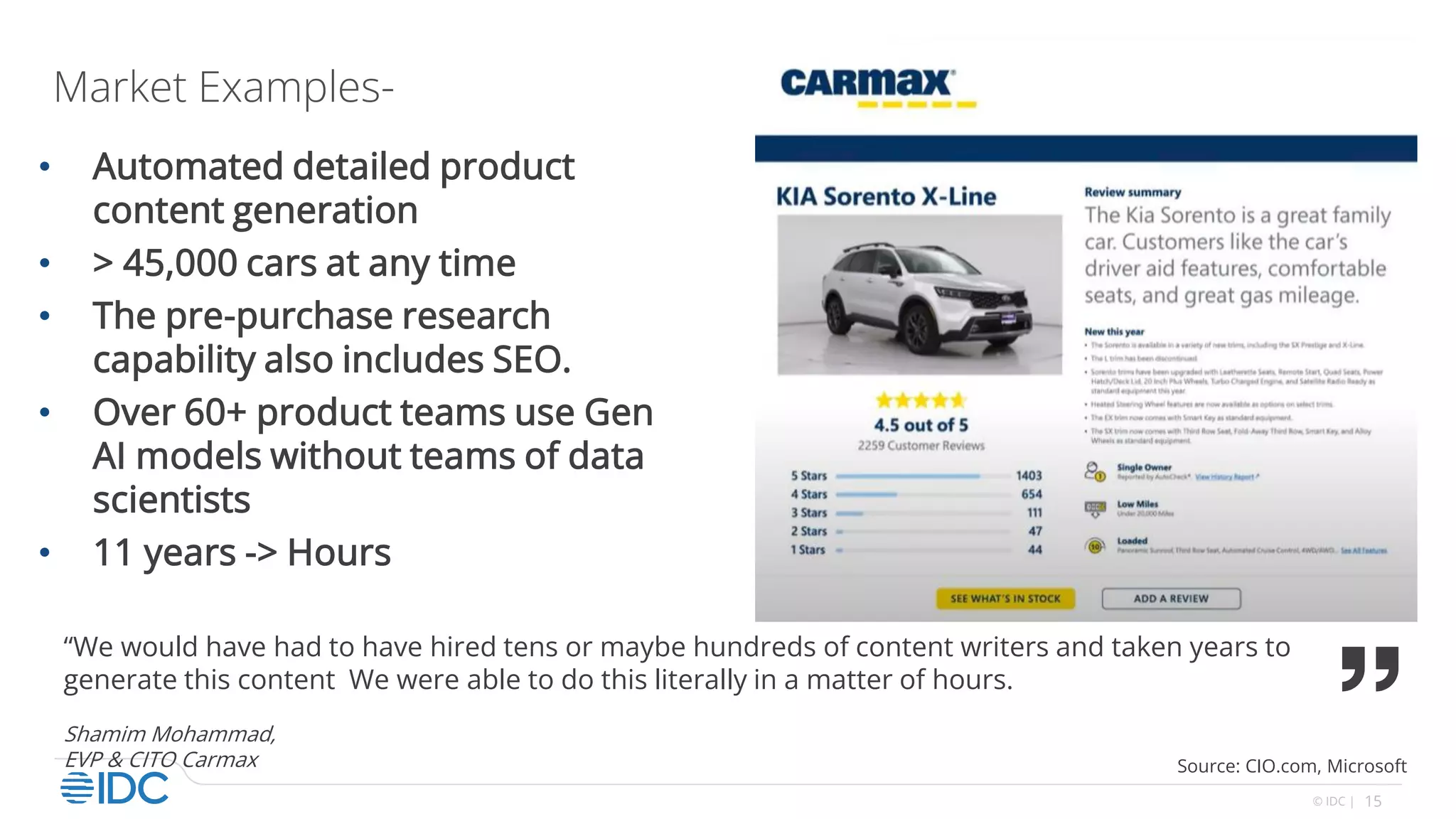 15
© IDC |
Market Examples-
• Automated detailed product
content generation
• > 45,000 cars at any time
• The pre-purchase research
capability also includes SEO.
• Over 60+ product teams use Gen
AI models without teams of data
scientists
• 11 years -> Hours
Source: CIO.com, Microsoft
“We would have had to have hired tens or maybe hundreds of content writers and taken years to
generate this content We were able to do this literally in a matter of hours.
Shamim Mohammad,
EVP & CITO Carmax
 