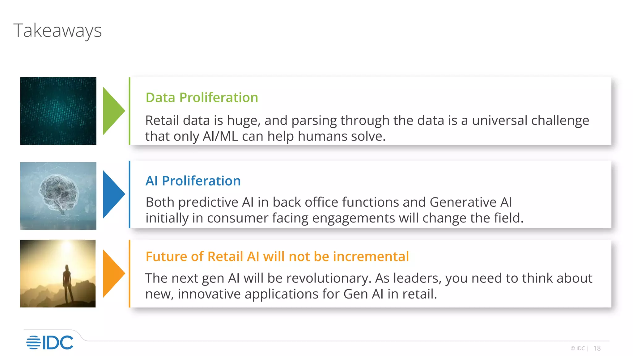 18
© IDC |
Takeaways
The next gen AI will be revolutionary. As leaders, you need to think about
new, innovative applications for Gen AI in retail.
Future of Retail AI will not be incremental
Data Proliferation
Retail data is huge, and parsing through the data is a universal challenge
that only AI/ML can help humans solve.
Both predictive AI in back office functions and Generative AI
initially in consumer facing engagements will change the field.
AI Proliferation
 
