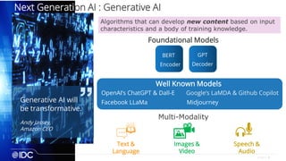 8
© IDC |
Next Generation AI : Generative AI
Algorithms that can develop new content based on input
characteristics and a body of training knowledge.
Generative AI will
be transformative.
Andy Jassey,
Amazon CEO
Speech &
Audio
Images &
Video
Text &
Language
Multi-Modality
Google’s LaMDA & Github Copilot
Facebook LLaMa
OpenAI’s ChatGPT & Dall-E
Midjourney
Well Known Models
BERT GPT
Encoder Decoder
Foundational Models
 