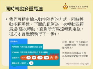 同時轉動多重馬達
• 我們可藉由輸入數字陣列的方式，同時轉
動多顆馬達。下面的範例為一次轉動四顆
馬達(逐次轉動，直到所有馬達轉到定位，
程式才會繼續執行下一步) 。
1 2 3 4 馬達編號
可從「陣列」工具箱拖拉
一個變數出來，然後借用
陣列積木。
沒有設定的馬達(在此例
為馬達編號5~12)會被忽略
。
 
