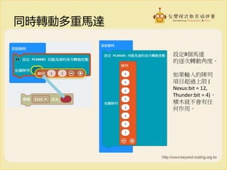 同時轉動多重馬達
設定8個馬達
的逐次轉動角度。
如果輸入的陣列
項目超過上限 (
Nexus:bit = 12,
Thunder:bit = 4)，
積木就不會有任
何作用。
 