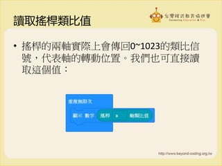 讀取搖桿類比值
• 搖桿的兩軸實際上會傳回0~1023的類比信
號，代表軸的轉動位置。我們也可直接讀
取這個值：
 