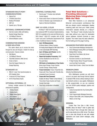 Advanced Communications and I/O Capabilities


 Standard multi-port                                    Control Capabilities                                     Total Web Solutions—
 Communications                                           •	 ElectroLogic™ Provides User-definable               Providing Advanced
      •	 Optical Port                                         Control Outputs                                    Metering Data Integration
      •	  RS485 Serial Ports
         2                                                •	 Action and/or Alarm on Abnormal Condition           With the Web
      •	 Modbus RTU/ASCII                               •	 Action on Boolean Logic Combinations of                  Total Web Solutions is an advanced
      •	 DNP 3.0                                              Inputs or Electrical Conditions                    Ethernet communication architecture that
      •	 Speeds Up to 115k bps                                                                                   lets you design custom webpages, display
                                                        DNP 3.0 Level 2 Plus                                     metering data and host your meter power
 Optional Communications                                     The Nexus® 1262/1272 provides the industry’s        information website directly on a Nexus®
      •	 Dial-Out modem (56k) with Battery              most advanced DNP 3.0 protocol implementations.          meter. The Nexus® meter directly hosts the
            Backed Outage Reporting                     DNP 3.0 is available on the serial and Ethernet ports.   web data without any need for dedicated
                                                                      ®
      •	 10/100BastT Ethernet                           EIG’s Nexus       1262/1272 complies with all DNP        server software, ActiveX Controls or Java
      •	 Ethernet/Modem combo                           Level 1 and Level 2 certification requirements PLUS      Applets. The meter does the data collection,
                                                        a host of additional features including:                 the formatting and the page hosting.
 Combination Modem                                        •	 Up to 136 Measurements:
  Web Solution                                               64 Binary Inputs, 8 Binary Counters,               Advanced Features Include:
           This option allows you to access the meter         64 Analog Inputs Mapped to DNP Static Points         •	 Fully Customizable Webpage Development
 through the web and through a modem for dial-up              in the Customizable DNP Point Map                    •	 Direct Webpage Hosting With Live Readings
 communication. Features include:                         •	 Up to 16 Relays and 8 Resets: Can Be                  •	 Multiple Meter Hosting
      •	 56k Modem                                            Controlled through DNP                               •	 Read Direct From Meters (No Server
      •	 10/100BastT Ethernet                             •	 Report-By-Exception Processing: (DNP                      Software Needed)
      •	 Total Web Solutions (Web Server)                     Events) Deadbands Can Be Set on a                    •	 No Active Controls or Java Downloads
      •	 Email on Alarm                                       Per-point Basis                                      •	 IT Dept Friendly. Works Through Firewalls;
      •	 Does Not Support Battery for                     •	 250 Events in Combinations of Four Events:                Low-Cost/High Functionality
            Outage Reporting                                  Binary Input Change, Frozen Counter,                 •	 Instant Alarm Emails – Direct from the Meter
                                                              Counter Change, Analog Change
 Standard I/O                                             •	 
                                                             Freeze Commands: Freeze, Freeze/No-Ack,             WebExplorer
      •	 IRIG-B 1 msec Time Synchronization to                Freeze with Time, Freeze with Time/No-Ack,         (Directly Host Metering Data)
            GPS Satellite Clock                               scheduled Freeze Command                                EIG’s WebExplorer provides you with direct
      •	 4 Internal KYZ Pulse Outputs                     •	 
                                                             Freeze with Time Command:                           access to all power data through Internet Explorer
      •	 8 KYZ Pulse/Status Inputs                            Enables the Nexus® Meter to Have Internal          in standard HTML format, without needing to down-
                                                              Time-driven Frozen Counter and Frozen              load ActiveX controls or Java applets. WebExplorer
 Optional External I/O                                        Counter Event data                                 is fully programmable, so you can customize
           Connect multiple external I/O Modules for      •	 Third Party Certification is Available              your own SCADA quality webpages, graphics and
 enhanced I/O capability.                                                                                        configurations.
      •	     Analog Outputs                                                                                        •	 Easily Incorporated Into Any Existing Web
      •	     Analog Inputs                                                                                             Applications
      •	     Digital Status Inputs                                                                                 •	 Fully Programmable Webpage Generator
      •	     KYZ Outputs                                                                                           •	 Brings in Direct XML Links, Displaying Many
      •	     Relay/Alarm Outputs                                                                                       Meters on One Page


                                                                                                                 WebXML
                                                                                                                      Creates Real Time Data in XML Format.
                                                                                                                 WebXML allows the Nexus® meter to gather data
                                                                                                                 from the Nexus® Host or through other meters and
                                                                                                                 put the data directly into an XML format. This allows
                                                                                                                 you to share data through the web with multiple
                                                                                                                 applications and create custom webpages, using
                                                                                                                 WebExplorer.
 4	

	WebExplorer	                                                               WebXML	                                                WebReacher	
 