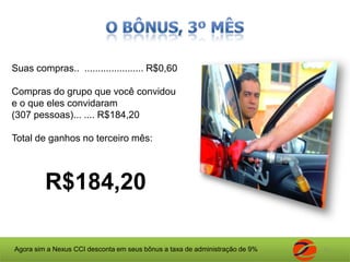 O consumoVocê não precisa comprar nada a mais do que já compra no seu dia-a-dia.Basta comprar em nossos parceiros credenciados no sistema um mínimo de R$ 200,00 por mês.Pode ser fracionado e não precisa ser num mesmo parceiro.Vejamos: a cada R$ 200,00 seu ganho é de R$ 0,60. Isto é muito dinheiro! Como?5