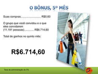 O que fazer? Comprometimento com o sistema por seis meses!Convidar pessoas para participar deste sistema onde o ingresso, se preferir é gratuito. Você não tira dinheiro de seu bolso para o sistema! Mas poderá fazer um pequeno investimento e aumentar significativamente o seu potencial de ganhos.Está preparado para ver o que acontece em 6 (seis) MESES, se envolvendo neste sistema onde o trabalho mais parece diversão? Então vejamos o que acontece! Convidando apenas 06 (SEIS) pessoas por mês e cada participante de seu grupo convidando seis pessoas por mês.7