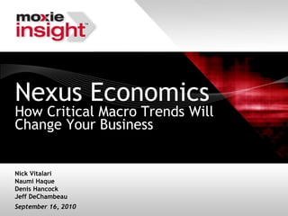 Nexus Economics
How Critical Macro Trends Will
Change Your Business


Nick Vitalari
Naumi Haque
Denis Hancock
Jeff DeChambeau
September 16, 2010
 