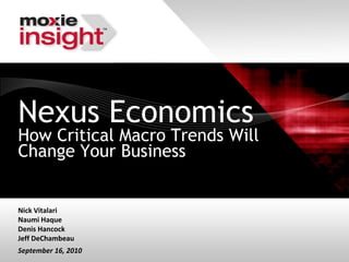 Nexus Economics
How Critical Macro Trends Will
Change Your Business


Nick Vitalari
Naumi Haque
Denis Hancock
Jeff DeChambeau
September 16, 2010
 