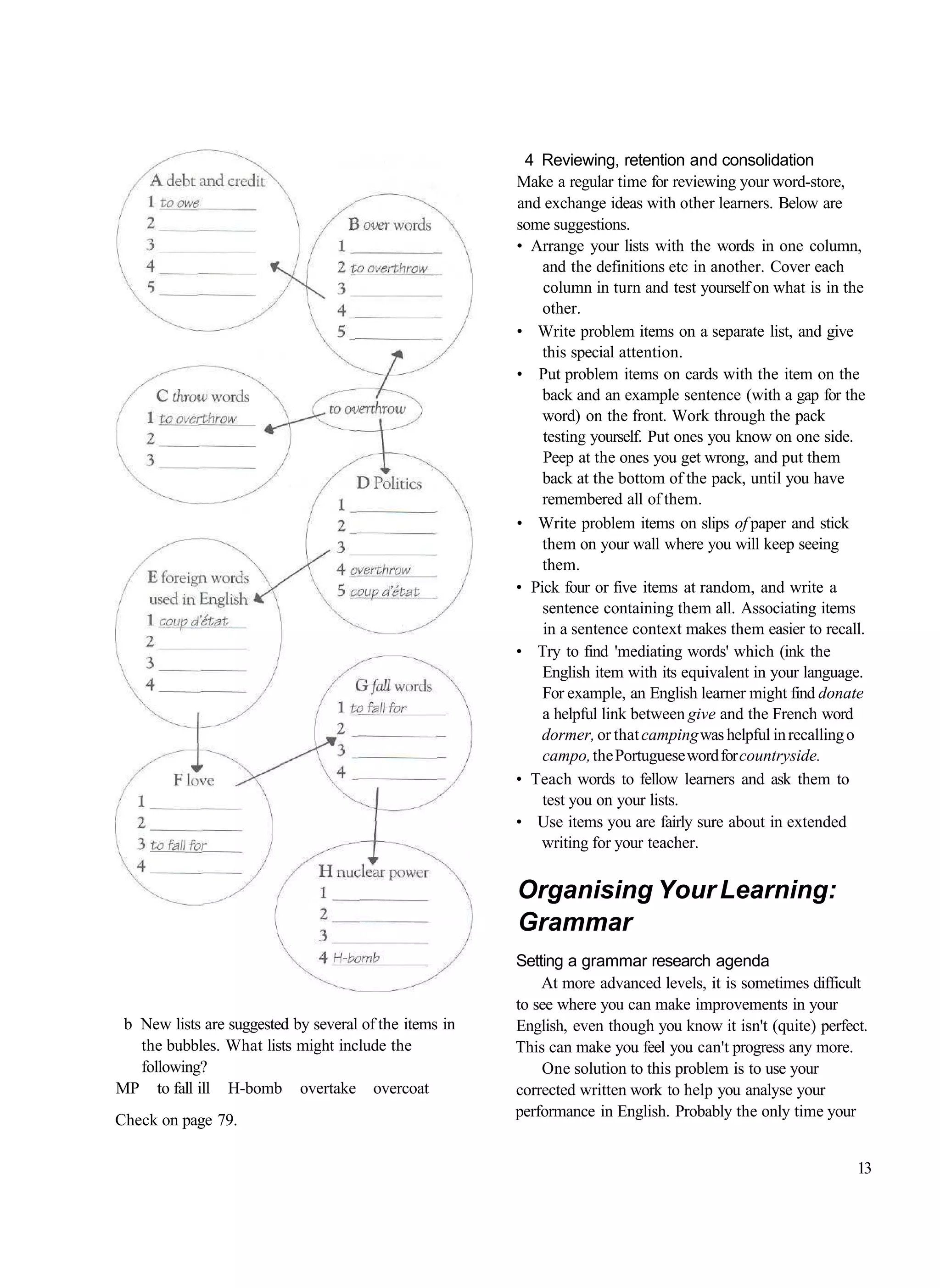 4 Reviewing, retention and consolidation
                                                        Make a regular time for reviewing your word-store,
                                                        and exchange ideas with other learners. Below are
                                                        some suggestions.
                                                        • Arrange your lists with the words in one column,
                                                            and the definitions etc in another. Cover each
                                                            column in turn and test yourself on what is in the
                                                            other.
                                                        • Write problem items on a separate list, and give
                                                            this special attention.
                                                        • Put problem items on cards with the item on the
                                                            back and an example sentence (with a gap for the
                                                            word) on the front. Work through the pack
                                                            testing yourself. Put ones you know on one side.
                                                            Peep at the ones you get wrong, and put them
                                                            back at the bottom of the pack, until you have
                                                            remembered all of them.
                                                        • Write problem items on slips of paper and stick
                                                            them on your wall where you will keep seeing
                                                            them.
                                                        • Pick four or five items at random, and write a
                                                            sentence containing them all. Associating items
                                                            in a sentence context makes them easier to recall.
                                                        • Try to find 'mediating words' which (ink the
                                                            English item with its equivalent in your language.
                                                            For example, an English learner might find donate
                                                            a helpful link between give and the French word
                                                           dormer, or that camping was helpful in recalling o
                                                            campo, the Portuguese word for countryside.
                                                        • Teach words to fellow learners and ask them to
                                                            test you on your lists.
                                                        • Use items you are fairly sure about in extended
                                                           writing for your teacher.


                                                        Organising Your Learning:
                                                        Grammar
                                                        Setting a grammar research agenda
                                                            At more advanced levels, it is sometimes difficult
                                                        to see where you can make improvements in your
 b New lists are suggested by several of the items in   English, even though you know it isn't (quite) perfect.
   the bubbles. What lists might include the            This can make you feel you can't progress any more.
   following?                                               One solution to this problem is to use your
MP to fall ill H-bomb overtake overcoat                 corrected written work to help you analyse your
                                                        performance in English. Probably the only time your
Check on page 79.

                                                                                                             13
 