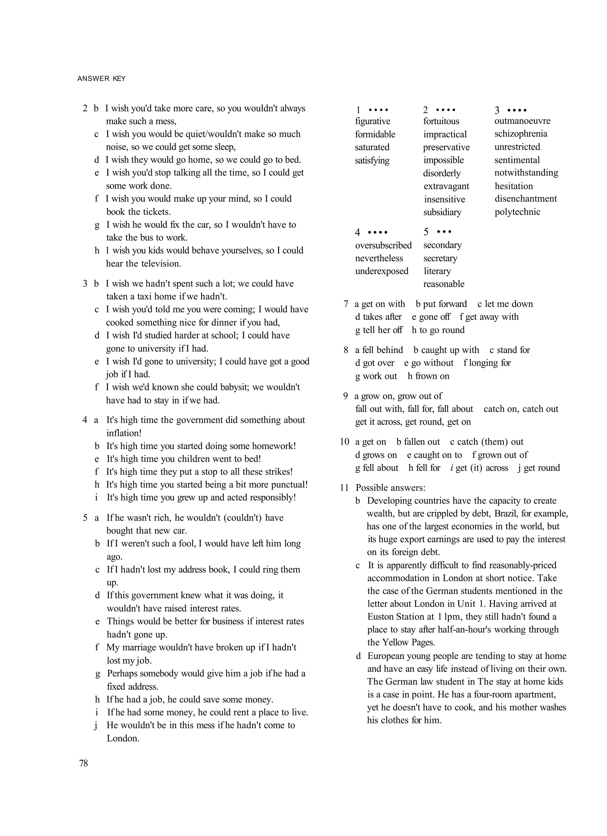 ANSWER KEY



 2 b I wish you'd take more care, so you wouldn't always         1 ••••             2 ••••              3 ••••
     make such a mess,                                           figurative         fortuitous          outmanoeuvre
   c I wish you would be quiet/wouldn't make so much             formidable         impractical         schizophrenia
     noise, so we could get some sleep,                          saturated          preservative        unrestricted
   d I wish they would go home, so we could go to bed.           satisfying         impossible          sentimental
   e I wish you'd stop talking all the time, so I could get                         disorderly          notwithstanding
     some work done.                                                                extravagant         hesitation
   f I wish you would make up your mind, so I could                                 insensitive         disenchantment
     book the tickets.                                                              subsidiary          polytechnic
   g I wish he would fix the car, so I wouldn't have to
     take the bus to work.                                       4 ••••             5 •••
                                                                  oversubscribed    secondary
   h 1 wish you kids would behave yourselves, so I could
                                                                  nevertheless      secretary
     hear the television.
                                                                  underexposed      literary
 3 b I wish we hadn't spent such a lot; we could have                               reasonable
     taken a taxi home if we hadn't.
                                                               7 a get on with b put forward c let me down
   c I wish you'd told me you were coming; I would have
                                                                 d takes after e gone off f get away with
     cooked something nice for dinner if you had,
                                                                 g tell her off h to go round
   d I wish I'd studied harder at school; I could have
     gone to university if I had.                              8 a fell behind b caught up with c stand for
   e I wish I'd gone to university; I could have got a good      d got over e go without f longing for
     job if I had.                                               g work out h frown on
   f I wish we'd known she could babysit; we wouldn't
     have had to stay in if we had.                           9 a grow on, grow out of
                                                                fall out with, fall for, fall about   catch on, catch out
 4 a It's high time the government did something about          get it across, get round, get on
     inflation!
   b It's high time you started doing some homework!          10 a get on b fallen out c catch (them) out
   e It's high time you children went to bed!                    d grows on e caught on to f grown out of
   f It's high time they put a stop to all these strikes!        g fell about h fell for i get (it) across j get round
   h It's high time you started being a bit more punctual!    11 Possible answers:
   i It's high time you grew up and acted responsibly!           b Developing countries have the capacity to create
 5 a If he wasn't rich, he wouldn't (couldn't) have                wealth, but are crippled by debt, Brazil, for example,
     bought that new car.                                          has one of the largest economies in the world, but
   b If I weren't such a fool, I would have left him long          its huge export earnings are used to pay the interest
     ago.                                                          on its foreign debt.
   c If I hadn't lost my address book, I could ring them         c It is apparently difficult to find reasonably-priced
     up.                                                           accommodation in London at short notice. Take
   d If this government knew what it was doing, it                 the case of the German students mentioned in the
     wouldn't have raised interest rates.                          letter about London in Unit 1. Having arrived at
   e Things would be better for business if interest rates         Euston Station at 1 lpm, they still hadn't found a
                                                                   place to stay after half-an-hour's working through
     hadn't gone up.
                                                                   the Yellow Pages.
   f My marriage wouldn't have broken up if I hadn't
     lost my job.                                                d European young people are tending to stay at home
   g Perhaps somebody would give him a job if he had a             and have an easy life instead of living on their own.
                                                                   The German law student in The stay at home kids
     fixed address.
                                                                   is a case in point. He has a four-room apartment,
   h If he had a job, he could save some money.
                                                                   yet he doesn't have to cook, and his mother washes
   i If he had some money, he could rent a place to live.
                                                                   his clothes for him.
   j He wouldn't be in this mess if he hadn't come to
     London.

78
 
