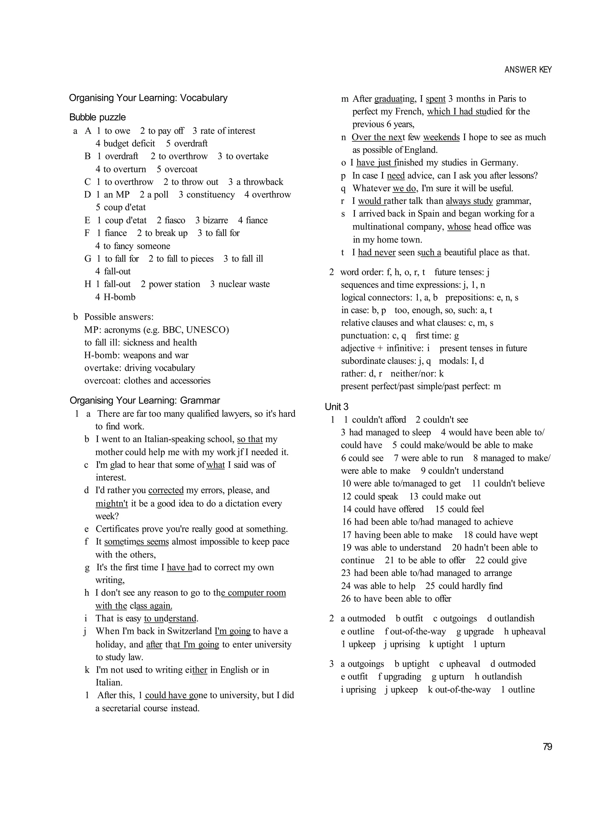 ANSWER KEY


Organising Your Learning: Vocabulary                              m After graduating, I spent 3 months in Paris to
                                                                     perfect my French, which I had studied for the
Bubble puzzle
                                                                     previous 6 years,
 a A 1 to owe 2 to pay off 3 rate of interest
                                                                  n Over the next few weekends I hope to see as much
      4 budget deficit 5 overdraft
                                                                     as possible of England.
   B 1 overdraft 2 to overthrow 3 to overtake
                                                                  o I have just finished my studies in Germany.
      4 to overturn 5 overcoat
                                                                  p In case I need advice, can I ask you after lessons?
   C 1 to overthrow 2 to throw out 3 a throwback
                                                                  q Whatever we do, I'm sure it will be useful.
   D 1 an MP 2 a poll 3 constituency 4 overthrow
                                                                  r I would rather talk than always study grammar,
      5 coup d'etat
                                                                  s I arrived back in Spain and began working for a
   E 1 coup d'etat 2 fiasco 3 bizarre 4 fiance
                                                                     multinational company, whose head office was
   F 1 fiance 2 to break up 3 to fall for
                                                                     in my home town.
      4 to fancy someone
                                                                  t I had never seen such a beautiful place as that.
   G 1 to fall for 2 to fall to pieces 3 to fall ill
      4 fall-out                                               2 word order: f, h, o, r, t future tenses: j
   H 1 fall-out 2 power station 3 nuclear waste                  sequences and time expressions: j, 1, n
      4 H-bomb                                                   logical connectors: 1, a, b prepositions: e, n, s
                                                                 in case: b, p too, enough, so, such: a, t
b Possible answers:
                                                                 relative clauses and what clauses: c, m, s
  MP: acronyms (e.g. BBC, UNESCO)
                                                                 punctuation: c, q first time: g
  to fall ill: sickness and health
                                                                 adjective + infinitive: i present tenses in future
  H-bomb: weapons and war
                                                                 subordinate clauses: j, q modals: I, d
  overtake: driving vocabulary
                                                                 rather: d, r neither/nor: k
  overcoat: clothes and accessories
                                                                 present perfect/past simple/past perfect: m
Organising Your Learning: Grammar
                                                              Unit 3
 1 a There are far too many qualified lawyers, so it's hard
                                                               1 1 couldn't afford 2 couldn't see
     to find work.
                                                                  3 had managed to sleep 4 would have been able to/
   b I went to an Italian-speaking school, so that my
                                                                  could have 5 could make/would be able to make
     mother could help me with my work jf I needed it.
                                                                  6 could see 7 were able to run 8 managed to make/
   c I'm glad to hear that some of what I said was of
                                                                  were able to make 9 couldn't understand
     interest.
                                                                  10 were able to/managed to get 11 couldn't believe
   d I'd rather you corrected my errors, please, and
                                                                  12 could speak 13 could make out
     mightn't it be a good idea to do a dictation every
                                                                   14 could have offered 15 could feel
     week?
                                                                  16 had been able to/had managed to achieve
   e Certificates prove you're really good at something.
                                                                  17 having been able to make 18 could have wept
   f It sometimes seems almost impossible to keep pace
                                                                  19 was able to understand 20 hadn't been able to
     with the others,
                                                                  continue 21 to be able to offer 22 could give
   g It's the first time I have had to correct my own
                                                                  23 had been able to/had managed to arrange
     writing,
                                                                  24 was able to help 25 could hardly find
   h I don't see any reason to go to the computer room
                                                                  26 to have been able to offer
     with the class again.
   i That is easy to understand.                               2 a outmoded b outfit c outgoings d outlandish
   j When I'm back in Switzerland I'm going to have a            e outline f out-of-the-way g upgrade h upheaval
     holiday, and after that I'm going to enter university       1 upkeep j uprising k uptight 1 upturn
     to study law.
                                                               3 a outgoings b uptight c upheaval d outmoded
   k I'm not used to writing either in English or in
                                                                 e outfit f upgrading g upturn h outlandish
     Italian.
                                                                 i uprising j upkeep k out-of-the-way 1 outline
   1 After this, 1 could have gone to university, but I did
     a secretarial course instead.


                                                                                                                      79
 