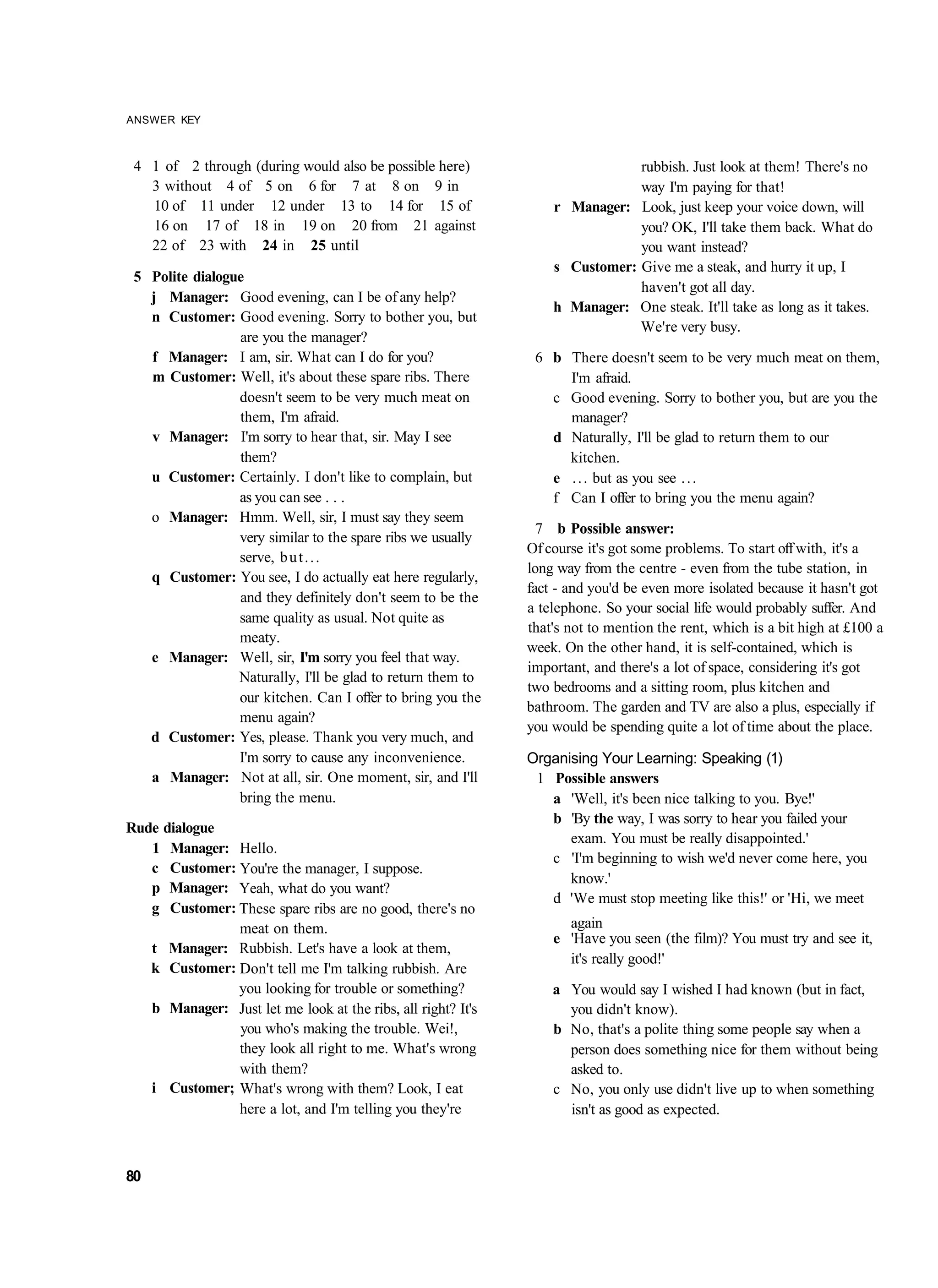 ANSWER KEY



 4 1 of 2 through (during would also be possible here)                        rubbish. Just look at them! There's no
   3 without 4 of 5 on 6 for 7 at 8 on 9 in                                   way I'm paying for that!
   10 of 11 under 12 under 13 to 14 for 15 of                     r Manager: Look, just keep your voice down, will
   16 on 17 of 18 in 19 on 20 from 21 against                                 you? OK, I'll take them back. What do
   22 of 23 with 24 in 25 until                                               you want instead?
                                                                  s Customer: Give me a steak, and hurry it up, I
 5 Polite dialogue
                                                                              haven't got all day.
   j Manager: Good evening, can I be of any help?
                                                                  h Manager: One steak. It'll take as long as it takes.
   n Customer: Good evening. Sorry to bother you, but
                                                                              We're very busy.
                 are you the manager?
   f Manager: I am, sir. What can I do for you?                6 b There doesn't seem to be very much meat on them,
   m Customer: Well, it's about these spare ribs. There            I'm afraid.
                 doesn't seem to be very much meat on            c Good evening. Sorry to bother you, but are you the
                 them, I'm afraid.                                 manager?
   v Manager: I'm sorry to hear that, sir. May I see             d Naturally, I'll be glad to return them to our
                 them?                                             kitchen.
   u Customer: Certainly. I don't like to complain, but          e . . . but as you see . . .
                 as you can see . . .                            f Can I offer to bring you the menu again?
   o Manager: Hmm. Well, sir, I must say they seem
                                                                7 b Possible answer:
                 very similar to the spare ribs we usually
                                                              Of course it's got some problems. To start off with, it's a
                 serve, b u t . . .
                                                              long way from the centre - even from the tube station, in
   q Customer: You see, I do actually eat here regularly,
                                                              fact - and you'd be even more isolated because it hasn't got
                 and they definitely don't seem to be the
                                                              a telephone. So your social life would probably suffer. And
                 same quality as usual. Not quite as
                                                              that's not to mention the rent, which is a bit high at £100 a
                 meaty.
                                                              week. On the other hand, it is self-contained, which is
   e Manager: Well, sir, I'm sorry you feel that way.
                                                              important, and there's a lot of space, considering it's got
                 Naturally, I'll be glad to return them to
                                                              two bedrooms and a sitting room, plus kitchen and
                 our kitchen. Can I offer to bring you the
                                                              bathroom. The garden and TV are also a plus, especially if
                 menu again?
                                                              you would be spending quite a lot of time about the place.
   d Customer: Yes, please. Thank you very much, and
                 I'm sorry to cause any inconvenience.        Organising Your Learning: Speaking (1)
   a Manager: Not at all, sir. One moment, sir, and I'll       1 Possible answers
                 bring the menu.                                 a 'Well, it's been nice talking to you. Bye!'
                                                                 b 'By the way, I was sorry to hear you failed your
Rude dialogue
                                                                    exam. You must be really disappointed.'
   1 Manager: Hello.
                                                                 c 'I'm beginning to wish we'd never come here, you
   c Customer: You're the manager, I suppose.
                                                                    know.'
   p Manager: Yeah, what do you want?
                                                                 d 'We must stop meeting like this!' or 'Hi, we meet
   g Customer: These spare ribs are no good, there's no
               meat on them.                                        again
                                                                  e 'Have you seen (the film)? You must try and see it,
   t Manager: Rubbish. Let's have a look at them,
                                                                    it's really good!'
   k Customer: Don't tell me I'm talking rubbish. Are
               you looking for trouble or something?              a You would say I wished I had known (but in fact,
   b Manager: Just let me look at the ribs, all right? It's         you didn't know).
               you who's making the trouble. Wei!,                b No, that's a polite thing some people say when a
               they look all right to me. What's wrong              person does something nice for them without being
               with them?                                           asked to.
   i Customer; What's wrong with them? Look, I eat                c No, you only use didn't live up to when something
               here a lot, and I'm telling you they're              isn't as good as expected.



80
 