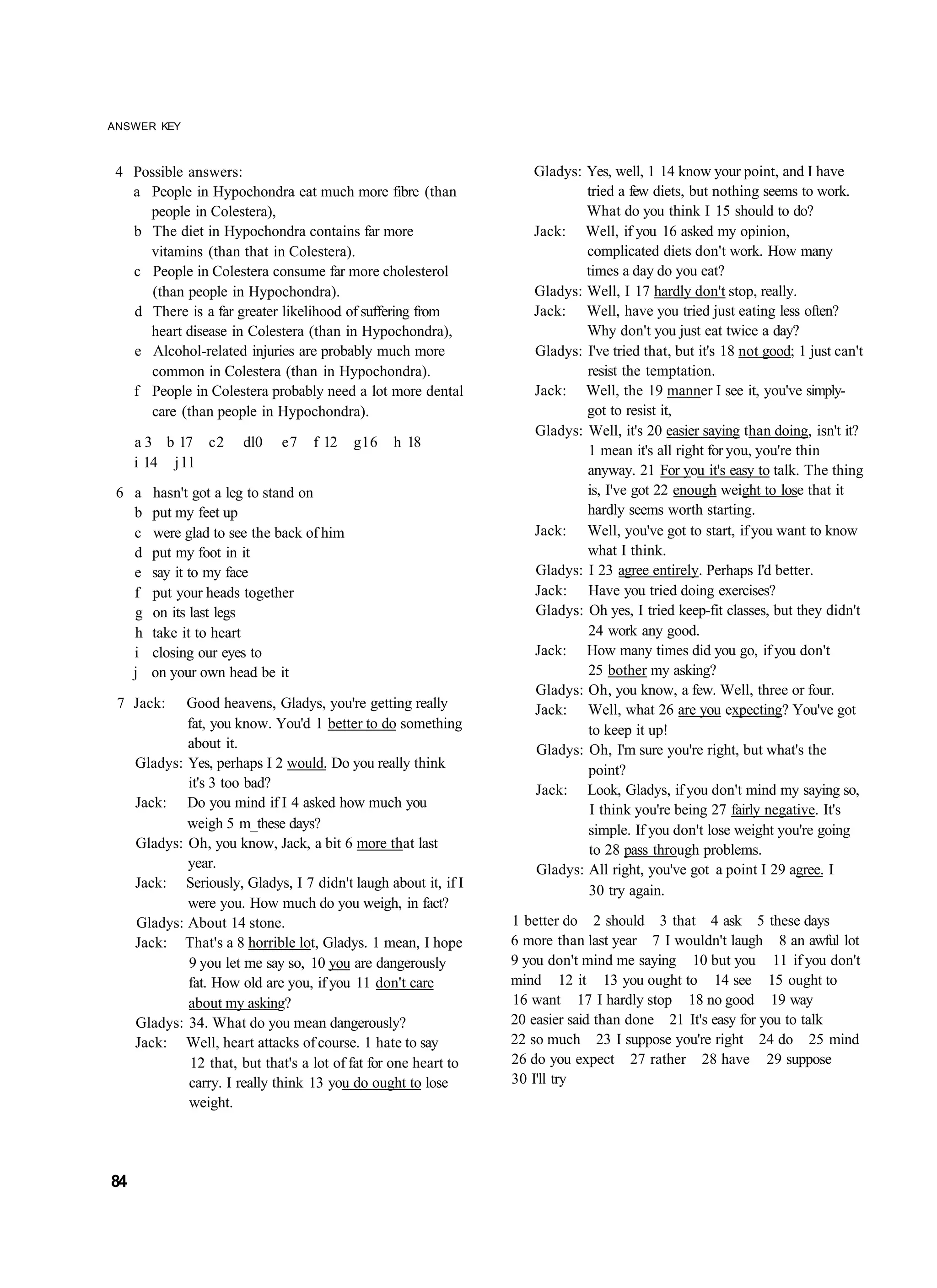 ANSWER KEY



 4 Possible answers:                                                 Gladys: Yes, well, 1 14 know your point, and I have
   a People in Hypochondra eat much more fibre (than                         tried a few diets, but nothing seems to work.
     people in Colestera),                                                   What do you think I 15 should to do?
   b The diet in Hypochondra contains far more                       Jack: Well, if you 16 asked my opinion,
     vitamins (than that in Colestera).                                      complicated diets don't work. How many
   c People in Colestera consume far more cholesterol                        times a day do you eat?
      (than people in Hypochondra).                                  Gladys: Well, I 17 hardly don't stop, really.
   d There is a far greater likelihood of suffering from             Jack: Well, have you tried just eating less often?
     heart disease in Colestera (than in Hypochondra),                       Why don't you just eat twice a day?
   e Alcohol-related injuries are probably much more                 Gladys: I've tried that, but it's 18 not good; 1 just can't
      common in Colestera (than in Hypochondra).                             resist the temptation.
   f People in Colestera probably need a lot more dental             Jack: Well, the 19 manner I see it, you've simply-
      care (than people in Hypochondra).                                     got to resist it,
                                                                     Gladys: Well, it's 20 easier saying than doing, isn't it?
     a 3 b 17 c2        dl0   e7    f 12   g16    h 18
                                                                             1 mean it's all right for you, you're thin
     i 14 j l l
                                                                             anyway. 21 For you it's easy to talk. The thing
 6 a   hasn't got a leg to stand on                                          is, I've got 22 enough weight to lose that it
   b   put my feet up                                                        hardly seems worth starting.
   c   were glad to see the back of him                              Jack: Well, you've got to start, if you want to know
   d   put my foot in it                                                     what I think.
   e   say it to my face                                             Gladys: I 23 agree entirely. Perhaps I'd better.
   f   put your heads together                                       Jack: Have you tried doing exercises?
   g   on its last legs                                              Gladys: Oh yes, I tried keep-fit classes, but they didn't
   h   take it to heart                                                      24 work any good.
   i   closing our eyes to                                           Jack: How many times did you go, if you don't
   j   on your own head be it                                                25 bother my asking?
                                                                     Gladys: Oh, you know, a few. Well, three or four.
 7 Jack:     Good heavens, Gladys, you're getting really             Jack: Well, what 26 are you expecting? You've got
             fat, you know. You'd 1 better to do something                   to keep it up!
             about it.                                               Gladys: Oh, I'm sure you're right, but what's the
     Gladys: Yes, perhaps I 2 would. Do you really think                     point?
             it's 3 too bad?                                         Jack: Look, Gladys, if you don't mind my saying so,
     Jack: Do you mind if I 4 asked how much you                              I think you're being 27 fairly negative. It's
             weigh 5 m_these days?                                           simple. If you don't lose weight you're going
     Gladys: Oh, you know, Jack, a bit 6 more that last                       to 28 pass through problems.
             year.                                                   Gladys: All right, you've got a point I 29 agree. I
     Jack: Seriously, Gladys, I 7 didn't laugh about it, if I
                                                                              30 try again.
             were you. How much do you weigh, in fact?
     Gladys: About 14 stone.                                      1 better do 2 should 3 that 4 ask 5 these days
     Jack: That's a 8 horrible lot, Gladys. 1 mean, I hope        6 more than last year 7 I wouldn't laugh 8 an awful lot
             9 you let me say so, 10 you are dangerously          9 you don't mind me saying 10 but you 11 if you don't
             fat. How old are you, if you 11 don't care           mind 12 it 13 you ought to 14 see 15 ought to
             about my asking?                                     16 want 17 I hardly stop 18 no good 19 way
     Gladys: 34. What do you mean dangerously?                    20 easier said than done 21 It's easy for you to talk
     Jack: Well, heart attacks of course. 1 hate to say           22 so much 23 I suppose you're right 24 do 25 mind
              12 that, but that's a lot of fat for one heart to   26 do you expect 27 rather 28 have 29 suppose
             carry. I really think 13 you do ought to lose        30 I'll try
             weight.




84
 