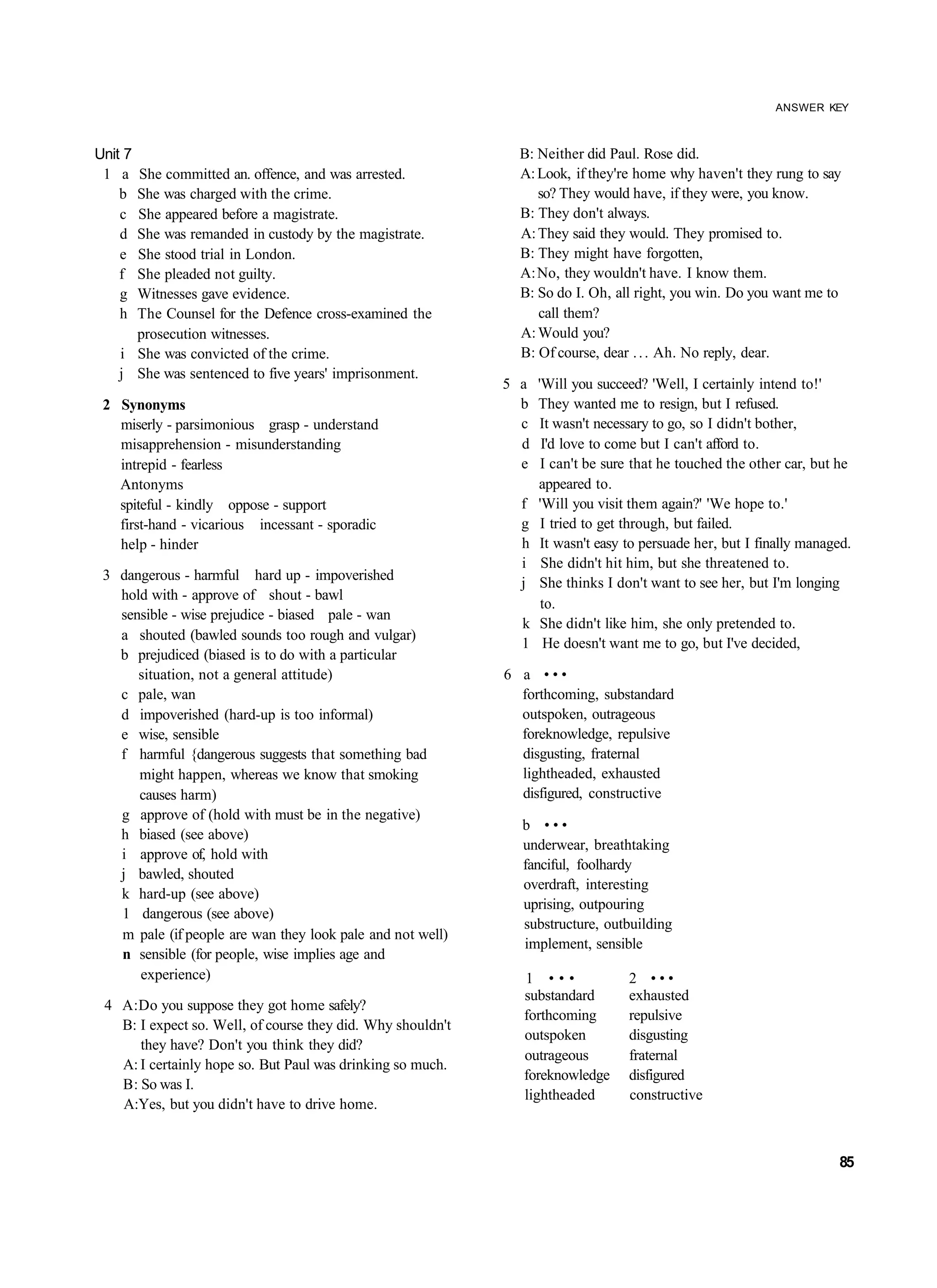 ANSWER KEY



Unit 7                                                         B: Neither did Paul. Rose did.
 1 a She committed an. offence, and was arrested.              A: Look, if they're home why haven't they rung to say
    bShe was charged with the crime.                              so? They would have, if they were, you know.
    cShe appeared before a magistrate.                         B: They don't always.
    dShe was remanded in custody by the magistrate.            A: They said they would. They promised to.
    eShe stood trial in London.                                B: They might have forgotten,
    fShe pleaded not guilty.                                   A: No, they wouldn't have. I know them.
    gWitnesses gave evidence.                                  B: So do I. Oh, all right, you win. Do you want me to
    hThe Counsel for the Defence cross-examined the               call them?
     prosecution witnesses.                                    A: Would you?
   i She was convicted of the crime.                           B: Of course, dear . . . Ah. No reply, dear.
   j She was sentenced to five years' imprisonment.
                                                             5 a   'Will you succeed? 'Well, I certainly intend to!'
 2 Synonyms                                                    b   They wanted me to resign, but I refused.
   miserly - parsimonious grasp - understand                   c    It wasn't necessary to go, so I didn't bother,
   misapprehension - misunderstanding                          d    I'd love to come but I can't afford to.
   intrepid - fearless                                         e    I can't be sure that he touched the other car, but he
   Antonyms                                                        appeared to.
   spiteful - kindly oppose - support                          f   'Will you visit them again?' 'We hope to.'
   first-hand - vicarious incessant - sporadic                 g    I tried to get through, but failed.
   help - hinder                                               h    It wasn't easy to persuade her, but I finally managed.
                                                               i    She didn't hit him, but she threatened to.
 3 dangerous - harmful hard up - impoverished
                                                               j    She thinks I don't want to see her, but I'm longing
   hold with - approve of shout - bawl
                                                                    to.
   sensible - wise prejudice - biased pale - wan
                                                               k    She didn't like him, she only pretended to.
   a shouted (bawled sounds too rough and vulgar)
                                                               1     He doesn't want me to go, but I've decided,
   b prejudiced (biased is to do with a particular
      situation, not a general attitude)                     6 a •••
   c pale, wan                                                 forthcoming, substandard
   d impoverished (hard-up is too informal)                    outspoken, outrageous
   e wise, sensible                                            foreknowledge, repulsive
   f harmful {dangerous suggests that something bad            disgusting, fraternal
      might happen, whereas we know that smoking               lightheaded, exhausted
      causes harm)                                             disfigured, constructive
   g approve of (hold with must be in the negative)
                                                               b •••
   h biased (see above)
                                                               underwear, breathtaking
   i approve of, hold with
                                                               fanciful, foolhardy
   j bawled, shouted
                                                               overdraft, interesting
   k hard-up (see above)
                                                               uprising, outpouring
   1 dangerous (see above)
                                                               substructure, outbuilding
   m pale (if people are wan they look pale and not well)
                                                               implement, sensible
   n sensible (for people, wise implies age and
      experience)                                               1 •••             2 •••
                                                                substandard       exhausted
 4 A:Do you suppose they got home safely?
                                                                forthcoming       repulsive
   B: I expect so. Well, of course they did. Why shouldn't
                                                                outspoken         disgusting
      they have? Don't you think they did?
                                                                outrageous        fraternal
   A: I certainly hope so. But Paul was drinking so much.
                                                                foreknowledge     disfigured
   B: So was I.
                                                                lightheaded       constructive
   A:Yes, but you didn't have to drive home.


                                                                                                                       85
 