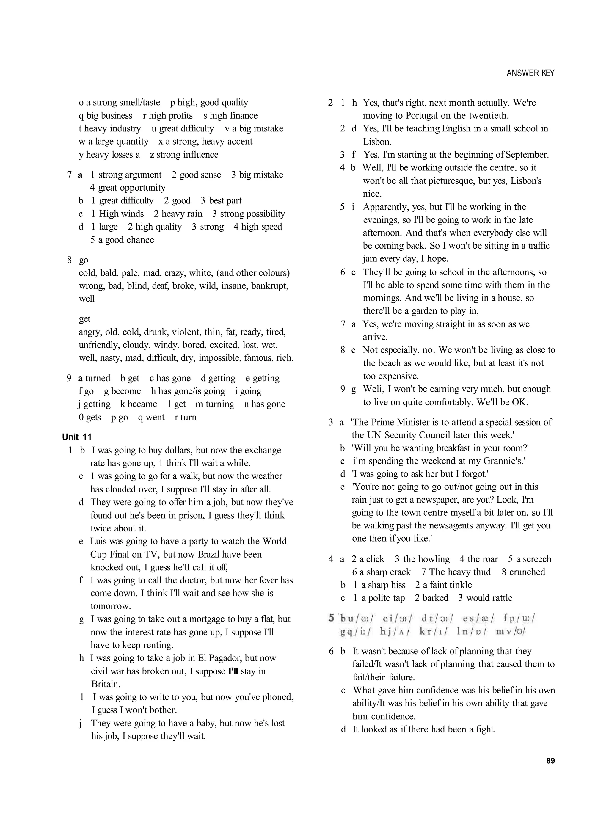 ANSWER KEY


   o a strong smell/taste p high, good quality                    2 1 h Yes, that's right, next month actually. We're
   q big business r high profits s high finance                         moving to Portugal on the twentieth.
   t heavy industry u great difficulty v a big mistake              2 d Yes, I'll be teaching English in a small school in
   w a large quantity x a strong, heavy accent                          Lisbon.
   y heavy losses a z strong influence                              3 f Yes, I'm starting at the beginning of September.
                                                                    4 b Well, I'll be working outside the centre, so it
 7 a 1 strong argument 2 good sense 3 big mistake
                                                                        won't be all that picturesque, but yes, Lisbon's
     4 great opportunity
                                                                        nice.
   b 1 great difficulty 2 good 3 best part
                                                                    5 i Apparently, yes, but I'll be working in the
   c 1 High winds 2 heavy rain 3 strong possibility
                                                                        evenings, so I'll be going to work in the late
   d 1 large 2 high quality 3 strong 4 high speed
                                                                        afternoon. And that's when everybody else will
     5 a good chance
                                                                        be coming back. So I won't be sitting in a traffic
 8 go                                                                   jam every day, I hope.
   cold, bald, pale, mad, crazy, white, (and other colours)         6 e They'll be going to school in the afternoons, so
   wrong, bad, blind, deaf, broke, wild, insane, bankrupt,              I'll be able to spend some time with them in the
   well                                                                 mornings. And we'll be living in a house, so
                                                                        there'll be a garden to play in,
    get
                                                                    7 a Yes, we're moving straight in as soon as we
    angry, old, cold, drunk, violent, thin, fat, ready, tired,
                                                                        arrive.
    unfriendly, cloudy, windy, bored, excited, lost, wet,
                                                                    8 c Not especially, no. We won't be living as close to
    well, nasty, mad, difficult, dry, impossible, famous, rich,
                                                                        the beach as we would like, but at least it's not
 9 a turned b get c has gone d getting e getting                        too expensive.
   f go g become h has gone/is going i going                        9 g Weli, I won't be earning very much, but enough
   j getting k became 1 get m turning n has gone                        to live on quite comfortably. We'll be OK.
   0 gets p go q went r turn
                                                                  3 a 'The Prime Minister is to attend a special session of
Unit 11                                                                the UN Security Council later this week.'
 1 b I was going to buy dollars, but now the exchange               b 'Will you be wanting breakfast in your room?'
     rate has gone up, 1 think I'll wait a while.                   c i'm spending the weekend at my Grannie's.'
   c 1 was going to go for a walk, but now the weather              d 'I was going to ask her but I forgot.'
     has clouded over, I suppose I'll stay in after all.            e 'You're not going to go out/not going out in this
   d They were going to offer him a job, but now they've               rain just to get a newspaper, are you? Look, I'm
     found out he's been in prison, I guess they'll think              going to the town centre myself a bit later on, so I'll
     twice about it.                                                   be walking past the newsagents anyway. I'll get you
   e Luis was going to have a party to watch the World                 one then if you like.'
     Cup Final on TV, but now Brazil have been                    4 a 2 a click 3 the howling 4 the roar 5 a screech
     knocked out, I guess he'll call it off,                          6 a sharp crack 7 The heavy thud 8 crunched
   f I was going to call the doctor, but now her fever has          b 1 a sharp hiss 2 a faint tinkle
     come down, I think I'll wait and see how she is                c 1 a polite tap 2 barked 3 would rattle
     tomorrow.
   g I was going to take out a mortgage to buy a flat, but
     now the interest rate has gone up, I suppose I'll
     have to keep renting.
                                                                  6 b It wasn't because of lack of planning that they
   h I was going to take a job in El Pagador, but now
                                                                      failed/It wasn't lack of planning that caused them to
     civil war has broken out, I suppose I'll stay in
                                                                      fail/their failure.
     Britain.
                                                                    c What gave him confidence was his belief in his own
   1 I was going to write to you, but now you've phoned,
                                                                      ability/It was his belief in his own ability that gave
     I guess I won't bother.
                                                                      him confidence.
   j They were going to have a baby, but now he's lost
                                                                    d It looked as if there had been a fight.
     his job, I suppose they'll wait.

                                                                                                                            89
 