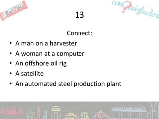 13
                        Connect:
•   A man on a harvester
•   A woman at a computer
•   An offshore oil rig
•   A satellite
•   An automated steel production plant
 
