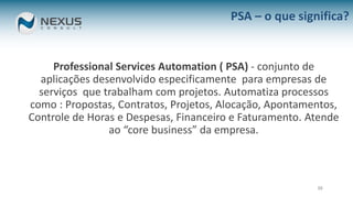 Professional Services Automation ( PSA) - conjunto de
aplicações desenvolvido especificamente para empresas de
serviços que trabalham com projetos. Automatiza processos
como : Propostas, Contratos, Projetos, Alocação, Apontamentos,
Controle de Horas e Despesas, Financeiro e Faturamento. Atende
ao “core business” da empresa.
39
PSA – o que significa?
 