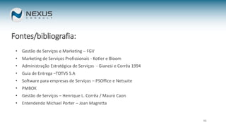 46
Fontes/bibliografia:
• Gestão de Serviços e Marketing – FGV
• Marketing de Serviços Profissionais - Kotler e Bloom
• Administração Estratégica de Serviços - Gianesi e Corrêa 1994
• Guia de Entrega –TOTVS S.A
• Software para empresas de Serviços – PSOffice e Netsuite
• PMBOK
• Gestão de Serviços – Henrique L. Corrêa / Mauro Caon
• Entendendo Michael Porter – Joan Magretta
 