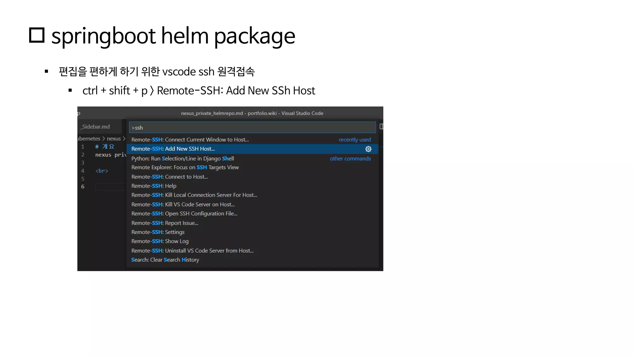  springboot helm package
▪ 편집을 편하게 하기 위한 vscode ssh 원격접속
▪ ctrl + shift + p > Remote-SSH: Add New SSh Host
 