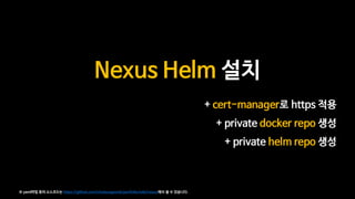 Nexus Helm 설치
+ cert-manager로 https 적용
+ private docker repo 생성
+ private helm repo 생성
※ yaml파일 등의 소스코드는 https://github.com/choisungwook/portfolio/wiki/nexus에서 볼 수 있습니다.
 