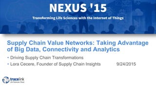 Supply Chain Value Networks: Taking Advantage
of Big Data, Connectivity and Analytics
• Driving Supply Chain Transformations
• Lora Cecere, Founder of Supply Chain Insights 9/24/2015
 