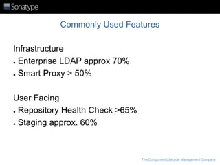 Commonly Used Features
Infrastructure
● Enterprise LDAP approx 70%
● Smart Proxy > 50%
User Facing
● Repository Health Check >65%
● Staging approx. 60%

The Component Lifecycle Management Company

 
