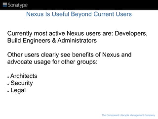 Nexus Is Useful Beyond Current Users
Currently most active Nexus users are: Developers,
Build Engineers & Administrators
Other users clearly see benefits of Nexus and
advocate usage for other groups:
Architects
● Security
● Legal
●

The Component Lifecycle Management Company

 