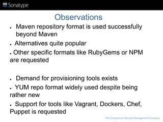 Observations
Maven repository format is used successfully
beyond Maven
● Alternatives quite popular
● Other specific formats like RubyGems or NPM
are requested
●

Demand for provisioning tools exists
● YUM repo format widely used despite being
rather new
● Support for tools like Vagrant, Dockers, Chef,
Puppet is requested
●

The Component Lifecycle Management Company

 
