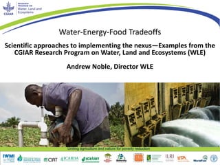 Uniting agriculture and nature for poverty reduction
Water-Energy-Food Tradeoffs
Scientific approaches to implementing the nexus—Examples from the
CGIAR Research Program on Water, Land and Ecosystems (WLE)
Andrew Noble, Director WLE
 