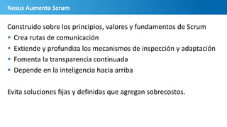 Nexus Aumenta Scrum
Construido sobre los principios, valores y fundamentos de Scrum
 Crea rutas de comunicación
 Extiende y profundiza los mecanismos de inspección y adaptación
 Fomenta la transparencia continuada
 Depende en la inteligencia hacia arriba
Evita soluciones fijas y definidas que agregan sobrecostos.
 