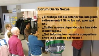 Scrum Diario Nexus
• ¿El trabajo del día anterior fue integrado
exitosamente? Si no fue así, ¿por qué
no?
• ¿Cuáles nuevas dependencias han sido
identificadas?
• ¿Qué información necesita compartirse
entre los equipos del Nexus?
 