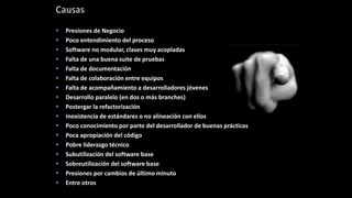  Presiones de Negocio
 Poco entendimiento del proceso
 Software no modular, clases muy acopladas
 Falta de una buena suite de pruebas
 Falta de documentación
 Falta de colaboración entre equipos
 Falta de acompañamiento a desarrolladores jóvenes
 Desarrollo paralelo (en dos o más branches)
 Postergar la refactorización
 Inexistencia de estándares o no alineación con ellos
 Poco conocimiento por parte del desarrollador de buenas prácticas
 Poca apropiación del código
 Pobre liderazgo técnico
 Subutilización del software base
 Sobreutilización del software base
 Presiones por cambios de último minuto
 Entre otros
Causas
 