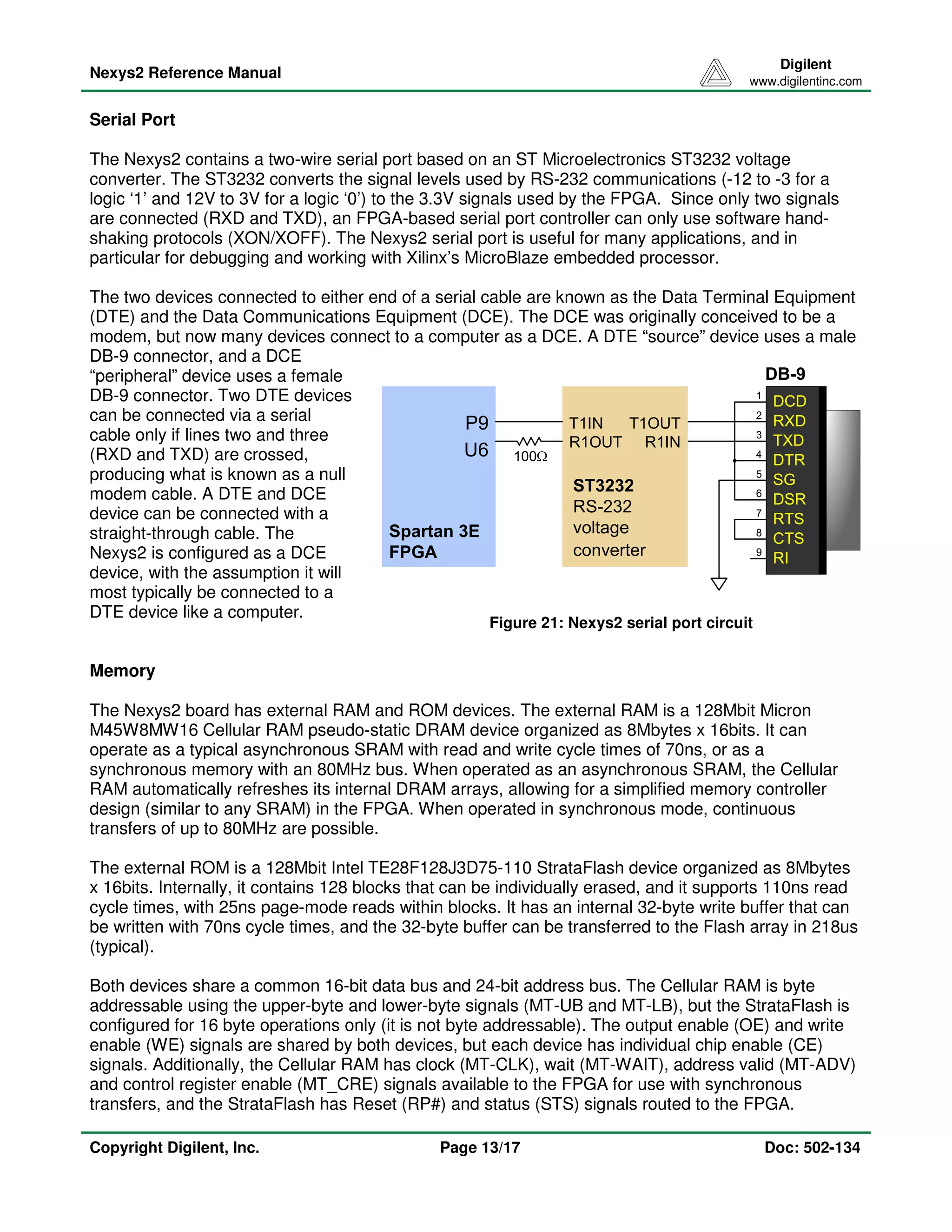 Nexys2 Reference Manual 
Digilent 
www.digilentinc.com 
Serial Port 
The Nexys2 contains a two-wire serial port based on an ST Microelectronics ST3232 voltage 
converter. The ST3232 converts the signal levels used by RS-232 communications (-12 to -3 for a 
logic ‘1’ and 12V to 3V for a logic ‘0’) to the 3.3V signals used by the FPGA. Since only two signals 
are connected (RXD and TXD), an FPGA-based serial port controller can only use software hand-shaking 
protocols (XON/XOFF). The Nexys2 serial port is useful for many applications, and in 
particular for debugging and working with Xilinx’s MicroBlaze embedded processor. 
The two devices connected to either end of a serial cable are known as the Data Terminal Equipment 
(DTE) and the Data Communications Equipment (DCE). The DCE was originally conceived to be a 
modem, but now many devices connect to a computer as a DCE. A DTE “source” device uses a male 
DB-9 connector, and a DCE 
“peripheral” device uses a female 
DB-9 connector. Two DTE devices 
can be connected via a serial 
cable only if lines two and three 
(RXD and TXD) are crossed, 
producing what is known as a null 
modem cable. A DTE and DCE 
device can be connected with a 
straight-through cable. The 
Nexys2 is configured as a DCE 
device, with the assumption it will 
most typically be connected to a 
DTE device like a computer. 
Memory 
P9 
U6 100 
Spartan 3E 
FPGA 
DB-9 
DCD 
RXD 
TXD 
DTR 
SG 
DSR 
RTS 
CTS 
RI 
1 
2 
3 
4 
5 
6 
7 
8 
9 
T1OUT 
R1IN 
T1IN 
R1OUT 
ST3232 
RS-232 
voltage 
converter 
Figure 21: Nexys2 serial port circuit 
The Nexys2 board has external RAM and ROM devices. The external RAM is a 128Mbit Micron 
M45W8MW16 Cellular RAM pseudo-static DRAM device organized as 8Mbytes x 16bits. It can 
operate as a typical asynchronous SRAM with read and write cycle times of 70ns, or as a 
synchronous memory with an 80MHz bus. When operated as an asynchronous SRAM, the Cellular 
RAM automatically refreshes its internal DRAM arrays, allowing for a simplified memory controller 
design (similar to any SRAM) in the FPGA. When operated in synchronous mode, continuous 
transfers of up to 80MHz are possible. 
The external ROM is a 128Mbit Intel TE28F128J3D75-110 StrataFlash device organized as 8Mbytes 
x 16bits. Internally, it contains 128 blocks that can be individually erased, and it supports 110ns read 
cycle times, with 25ns page-mode reads within blocks. It has an internal 32-byte write buffer that can 
be written with 70ns cycle times, and the 32-byte buffer can be transferred to the Flash array in 218us 
(typical). 
Both devices share a common 16-bit data bus and 24-bit address bus. The Cellular RAM is byte 
addressable using the upper-byte and lower-byte signals (MT-UB and MT-LB), but the StrataFlash is 
configured for 16 byte operations only (it is not byte addressable). The output enable (OE) and write 
enable (WE) signals are shared by both devices, but each device has individual chip enable (CE) 
signals. Additionally, the Cellular RAM has clock (MT-CLK), wait (MT-WAIT), address valid (MT-ADV) 
and control register enable (MT_CRE) signals available to the FPGA for use with synchronous 
transfers, and the StrataFlash has Reset (RP#) and status (STS) signals routed to the FPGA. 
Copyright Digilent, Inc. Page 13/17 Doc: 502-134 
 
