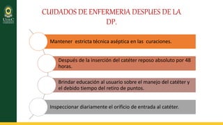 CUIDADOS DE ENFERMERIA DESPUES DE LA
DP.
Mantener estricta técnica aséptica en las curaciones.
Después de la inserción del catéter reposo absoluto por 48
horas.
Brindar educación al usuario sobre el manejo del catéter y
el debido tiempo del retiro de puntos.
Inspeccionar diariamente el orificio de entrada al catéter.
 