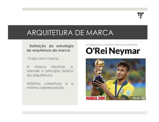 ARQUITETURA DE MARCA 
Definição da estratégia 
de arquitetura da marca: 
Casa com marca. 
A marca Neymar Jr. 
atende o princípio básico 
da arquitetura: 
Máxima cobertura e o 
mínimo sobreposição. 
 