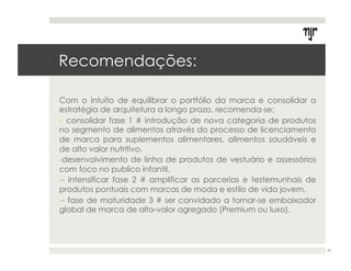 Recomendações: 
40 
Com o intuito de equilibrar o portfólio da marca e consolidar a 
estratégia de arquitetura a longo prazo, recomenda-se: 
- consolidar fase 1 # introdução de nova categoria de produtos 
no segmento de alimentos através do processo de licenciamento 
de marca para suplementos alimentares, alimentos saudáveis e 
de alto valor nutritivo. 
- desenvolvimento de linha de produtos de vestuário e assessórios 
com foco no publico infantil. 
- - intensificar fase 2 # amplificar as parcerias e testemunhais de 
produtos pontuais com marcas de moda e estilo de vida jovem. 
- - fase de maturidade 3 # ser convidado a tornar-se embaixador 
global de marca de alto-valor agregado (Premium ou luxo). 
 