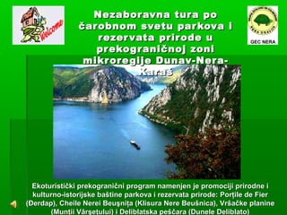 Nezabor avna tura po
čarobnom svetu par kova i
r ezer vata prirode u
pr ekogr aničnoj zoni
mikr ore gije Dunav-Ner aKaraš

Ekoturistički prekogranični program namenjen je promociji prirodne i
kulturno-istorijske baštine parkova i rezervata prirode: Porţile de Fier
(Đerdap), Cheile Nerei Beuşniţa (Klisura Nere Beušnica), Vršačke planine
(Munţii Vârşeţului) i Deliblatska peščara (Dunele Deliblato)

 