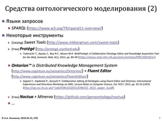 ⚫ Языки запросов
⚫ SPARQL (https://www.w3.org/TR/sparql11-overview/)
⚫ Некоторые инструменты
⚫ [Catalog] Sweet Tools (http://www.mkbergman.com/sweet-tools)
⚫ [Free] Protégé (http://protege.stanford.edu)
⚫ Tudorache T., Nyulas C., Noy N.F., Musen M.A. WebProtégé: A Collaborative Ontology Editor and Knowledge Acquisition Tool
for the Web, Semantic Web, 4(1), 2013, pp. 89–99 (https://www.ncbi.nlm.nih.gov/pmc/articles/PMC3691821/)
⚫ Ontorion™ is Distributed Knowledge Management System
(http://www.cognitum.eu/semantics/Ontorion/) + Fluent Editor
(http://www.cognitum.eu/semantics/FluentEditor/)
⚫ Seganti F., Kapłański P., Zarzycki P. Collaborative editing of Ontologies using Fluent Editor and Ontorion, International
Experiences and Directions Workshop on OWL, Lecture Notes in Computer Science, Vol. 9557, 2015, pp. 45-55 (LNCS)
(http://cgi.csc.liv.ac.uk/~valli/OWLED2015/OWLED_2015_paper_6.pdf)
⚫ [Free] Noctua + Minerva (https://github.com/geneontology/noctua)
⚫ …
Средства онтологического моделирования (2)
© А.А. Незнанов, 2018-05-25, СПб 9
 