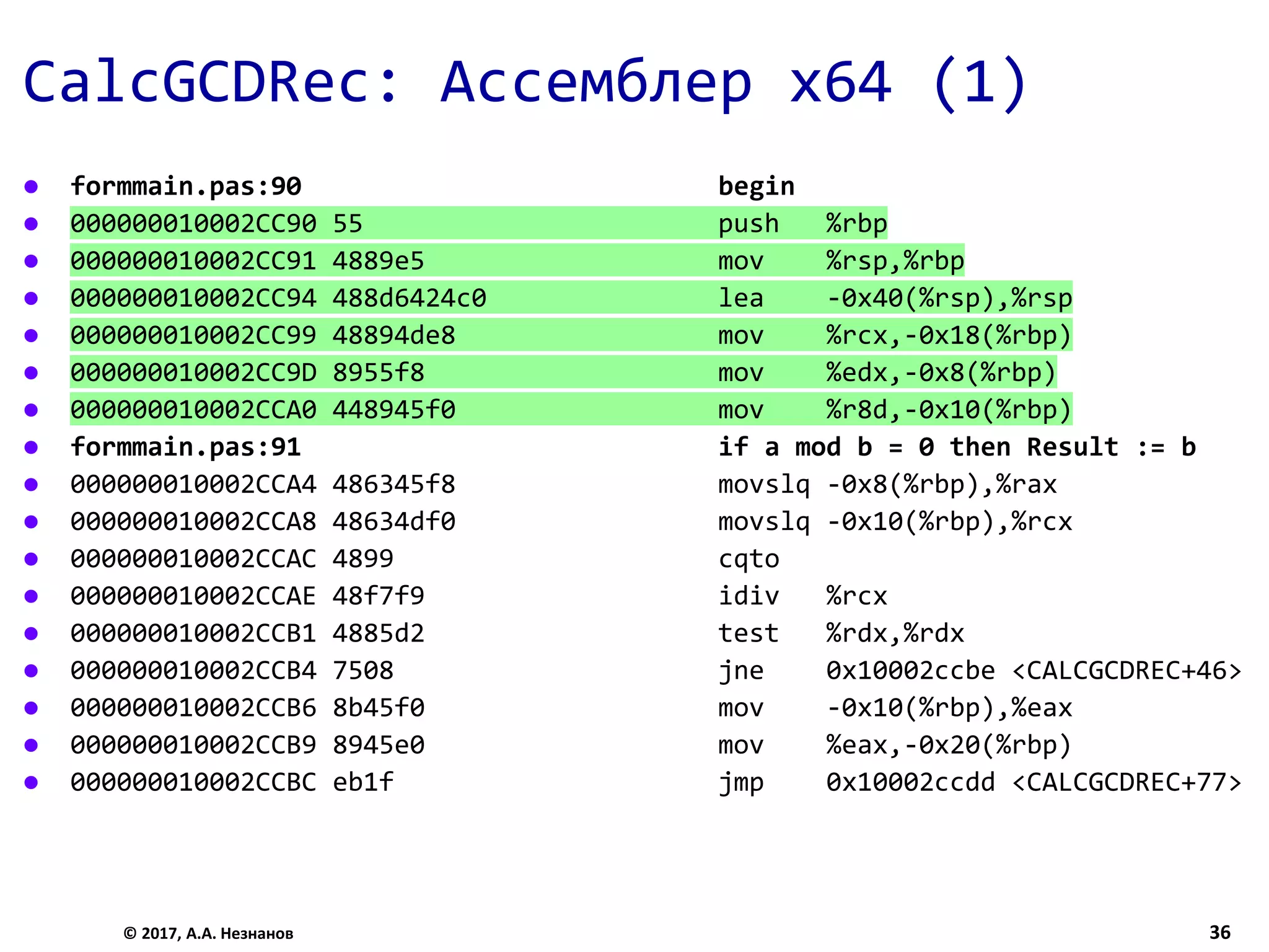 CalcGCDRec: Ассемблер x64 (1)
 formmain.pas:90 begin
 000000010002CC90 55 push %rbp
 000000010002CC91 4889e5 mov %rsp,%rbp
 000000010002CC94 488d6424c0 lea -0x40(%rsp),%rsp
 000000010002CC99 48894de8 mov %rcx,-0x18(%rbp)
 000000010002CC9D 8955f8 mov %edx,-0x8(%rbp)
 000000010002CCA0 448945f0 mov %r8d,-0x10(%rbp)
 formmain.pas:91 if a mod b = 0 then Result := b
 000000010002CCA4 486345f8 movslq -0x8(%rbp),%rax
 000000010002CCA8 48634df0 movslq -0x10(%rbp),%rcx
 000000010002CCAC 4899 cqto
 000000010002CCAE 48f7f9 idiv %rcx
 000000010002CCB1 4885d2 test %rdx,%rdx
 000000010002CCB4 7508 jne 0x10002ccbe <CALCGCDREC+46>
 000000010002CCB6 8b45f0 mov -0x10(%rbp),%eax
 000000010002CCB9 8945e0 mov %eax,-0x20(%rbp)
 000000010002CCBC eb1f jmp 0x10002ccdd <CALCGCDREC+77>
© 2017, А.А. Незнанов 36
 